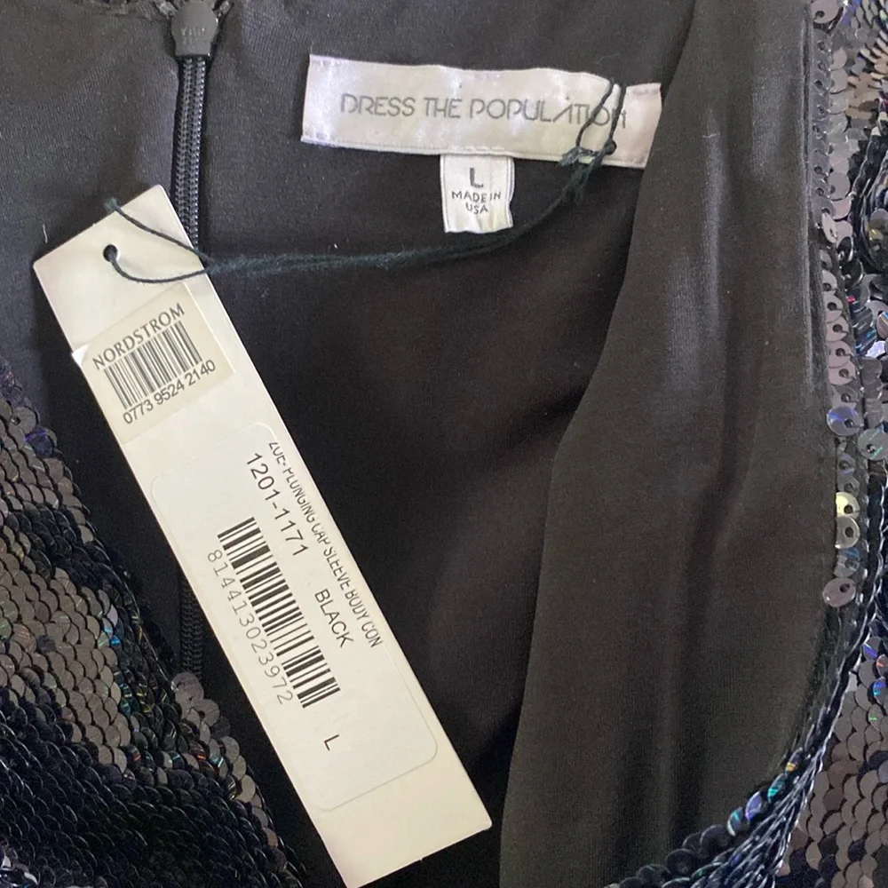 NWT Dress the Population Zoe Cap Sleeve Plunging Sequin Mini Dress black L - Picture 8 of 9